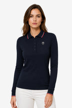Polo femme manches longues en coton bleu marine avec écusson poitrine et liseré au col.