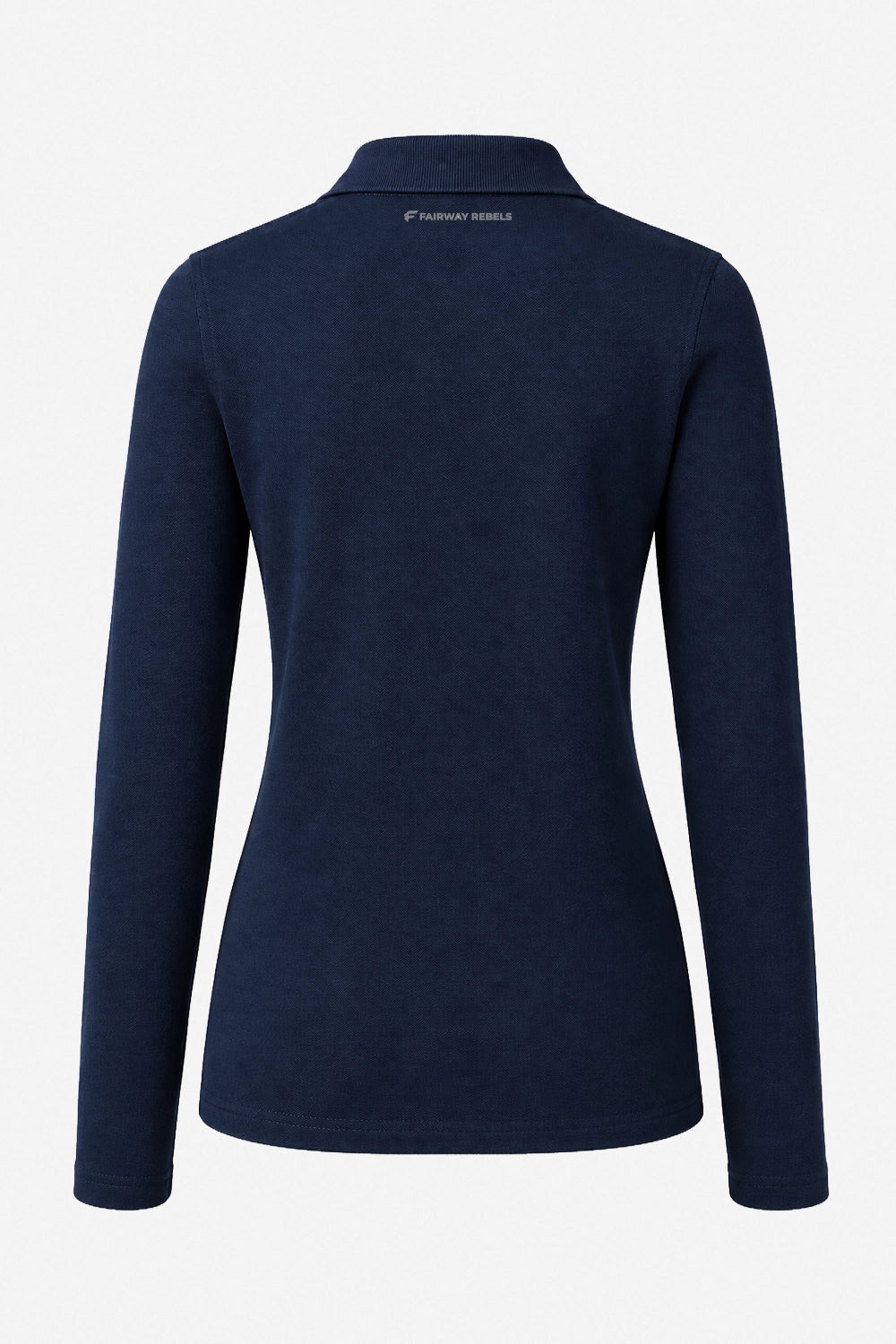 Polo femme manches longues bleu marine, vue de dos, coupe cintrée et col haut