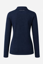 Polo femme manches longues bleu marine, vue de dos, coupe cintrée et col haut