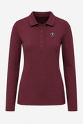 Polo manches longues femme coton bordeaux, col boutonné et logo poitrine.