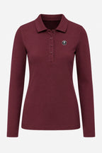 Polo manches longues femme coton bordeaux, col boutonné et logo poitrine.