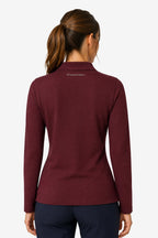 Polo manches longues femme coton bordeaux, vue de dos, col polo et logo.