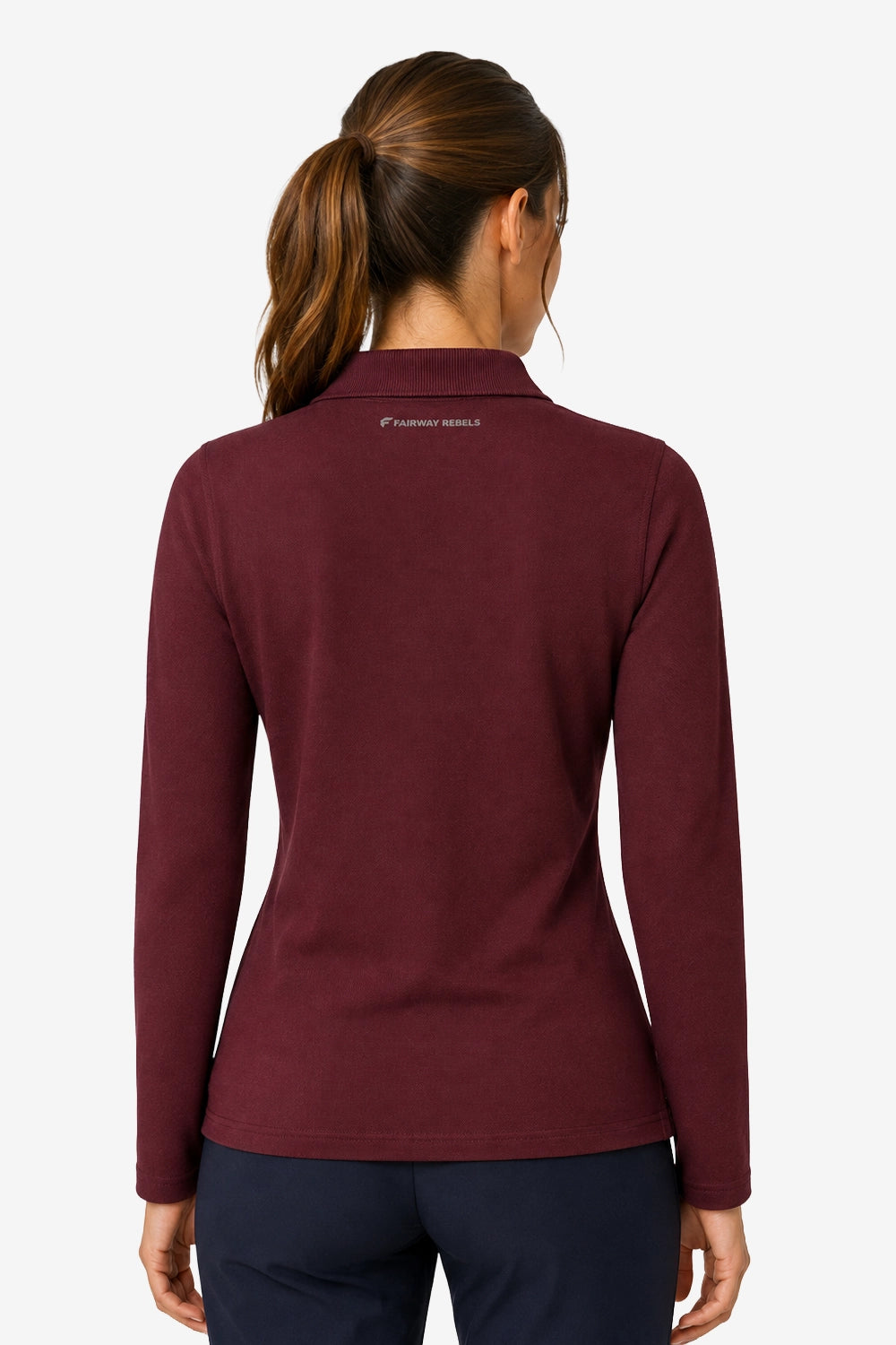 Polo manches longues femme coton bordeaux, vue de dos, col polo et logo.