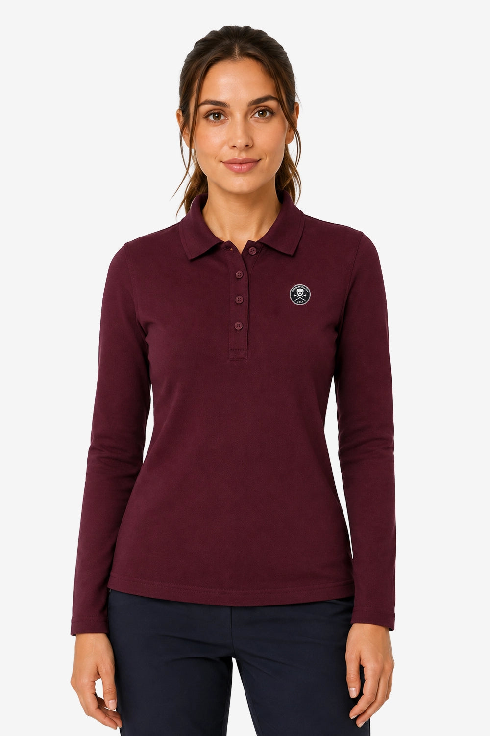 Polo manches longues femme coton bordeaux, vue de face, boutons et logo poitrine.
