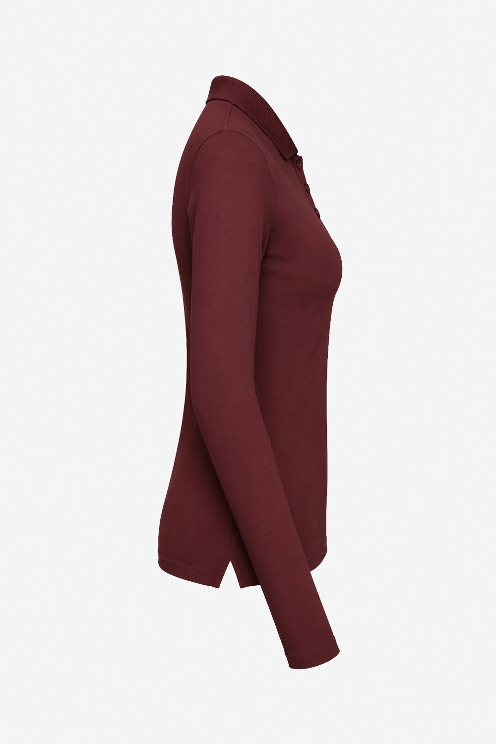 Polo manches longues femme coton bordeaux, vue de profil, col boutonné.
