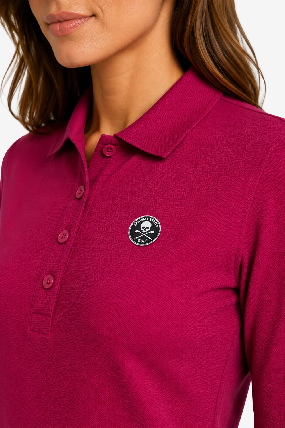 Polo manches longues coton fuchsia, col boutonné et logo poitrine