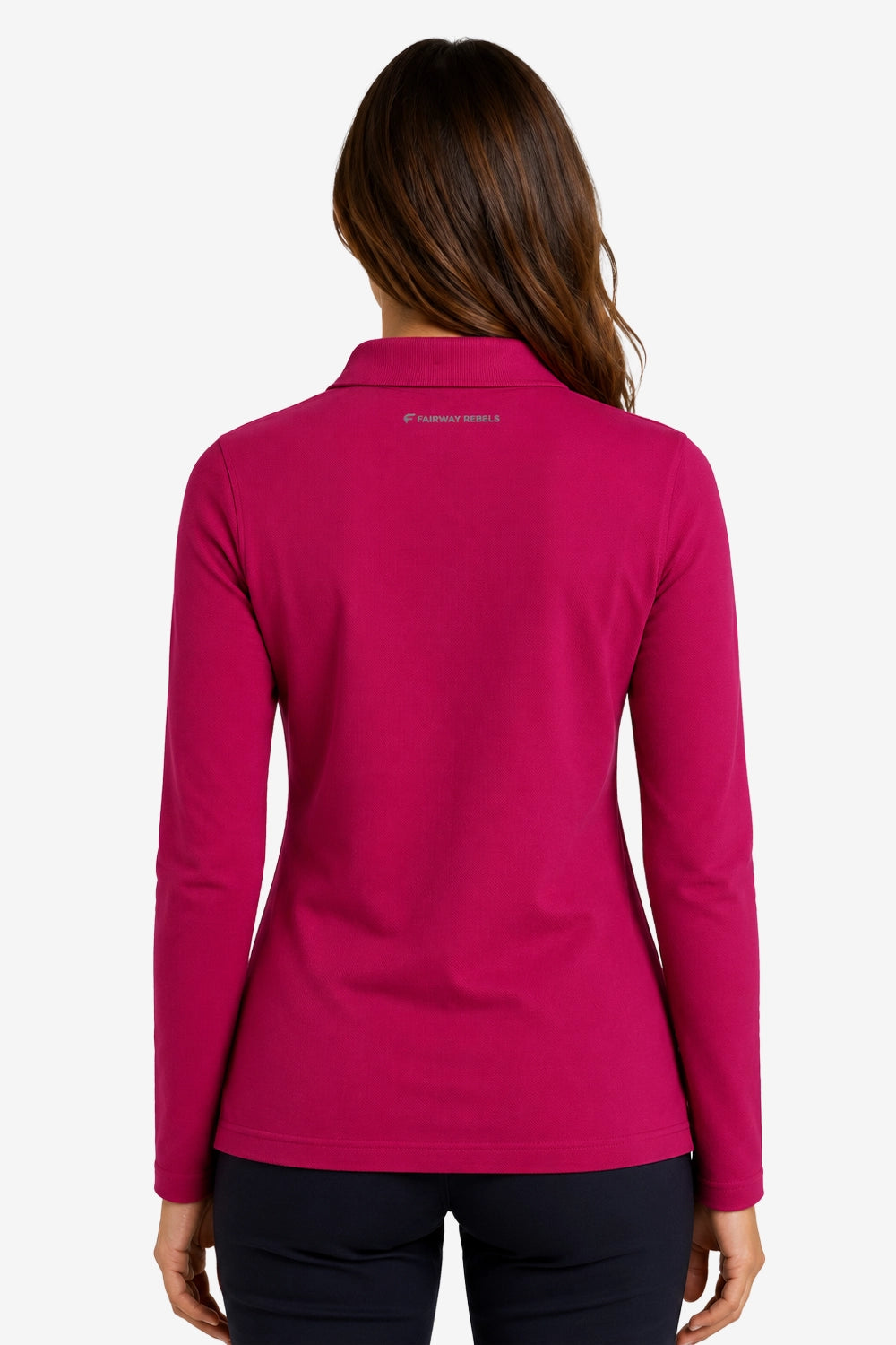 Polo manches longues coton fuchsia, vue dos avec logo et col boutonné