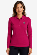 Polo manches longues coton fuchsia, col en pointe et patte de boutons