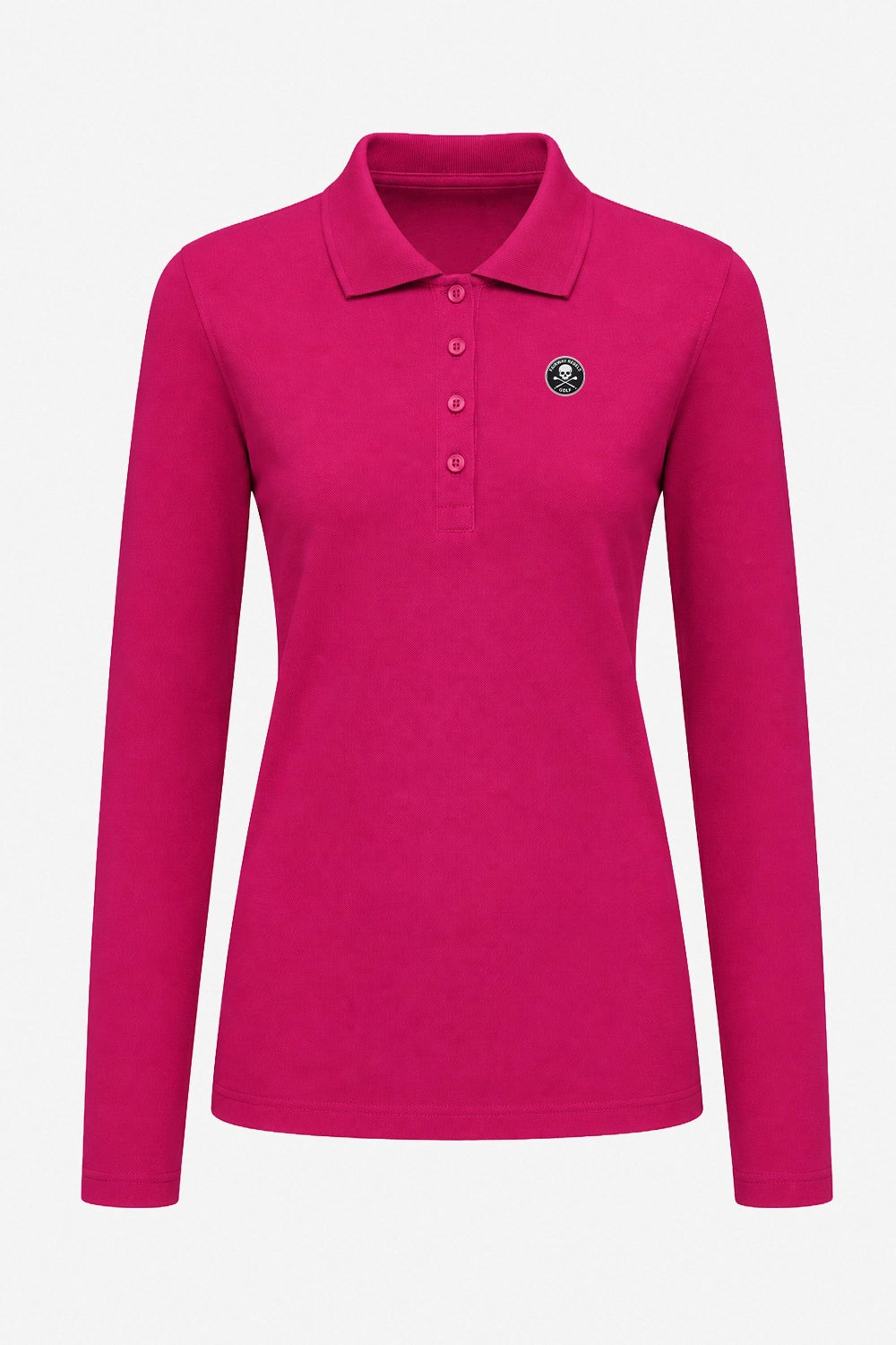 Polo manches longues coton fuchsia, présentation de face, col et boutons