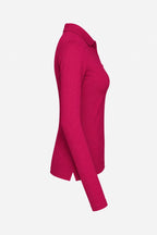 Polo manches longues coton fuchsia, vue de profil, col et patte de boutons