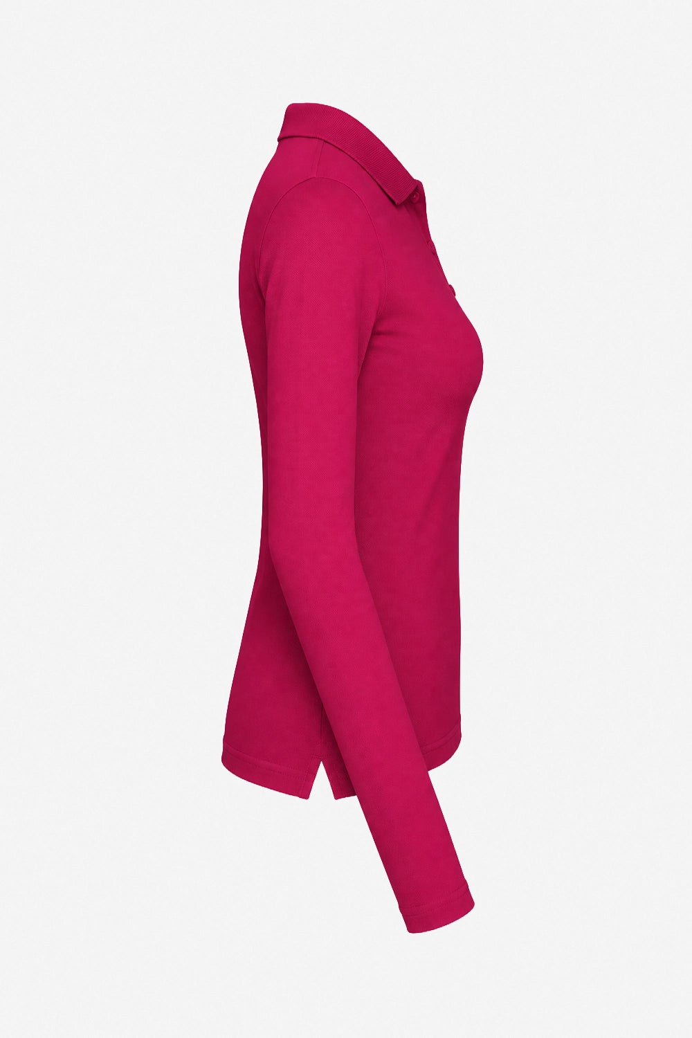 Polo manches longues coton fuchsia, vue de profil, col et patte de boutons