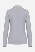 Polo femme manches longues en coton gris chiné, dos avec petit motif au col.