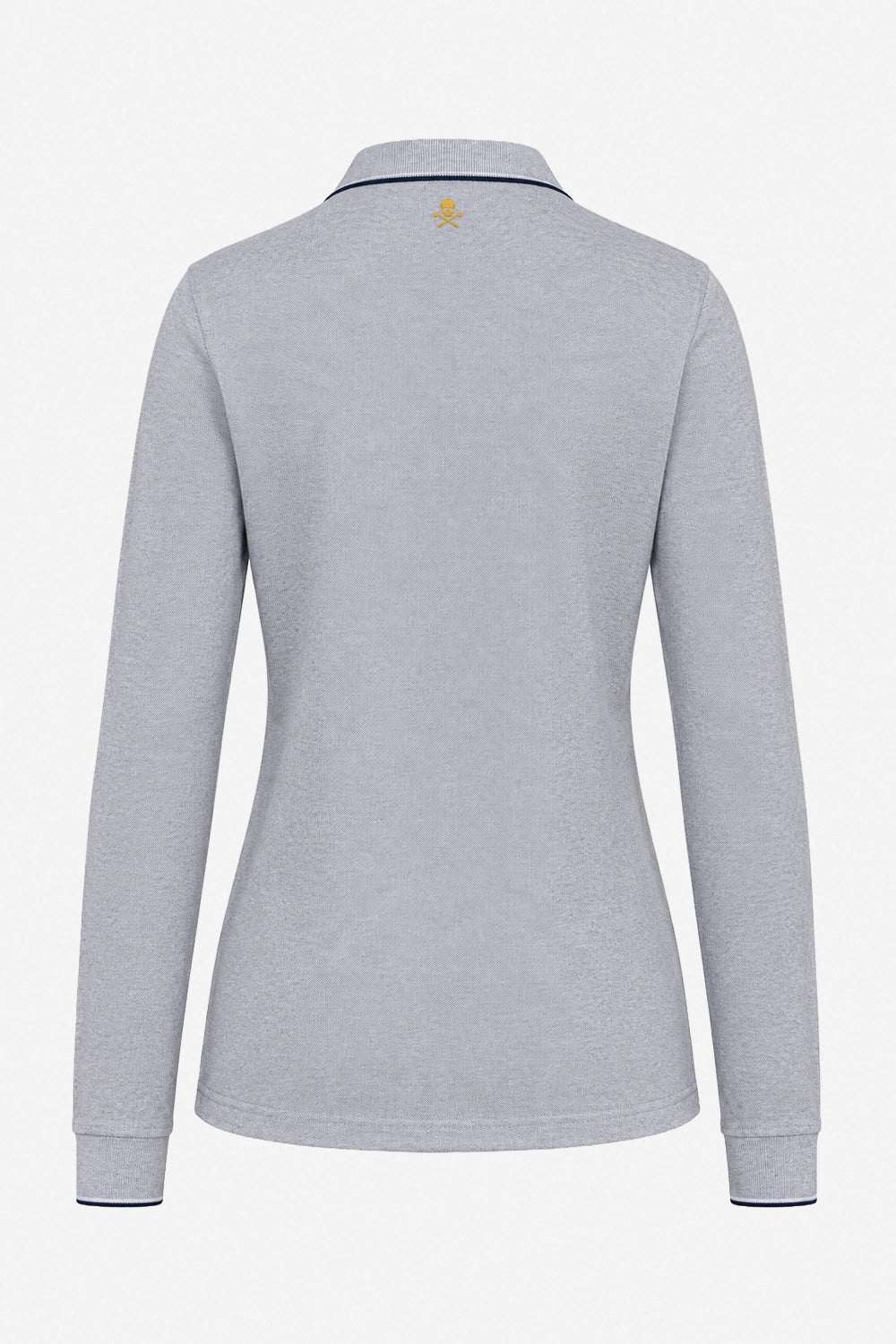 Polo femme manches longues en coton gris chiné, dos avec petit motif au col.