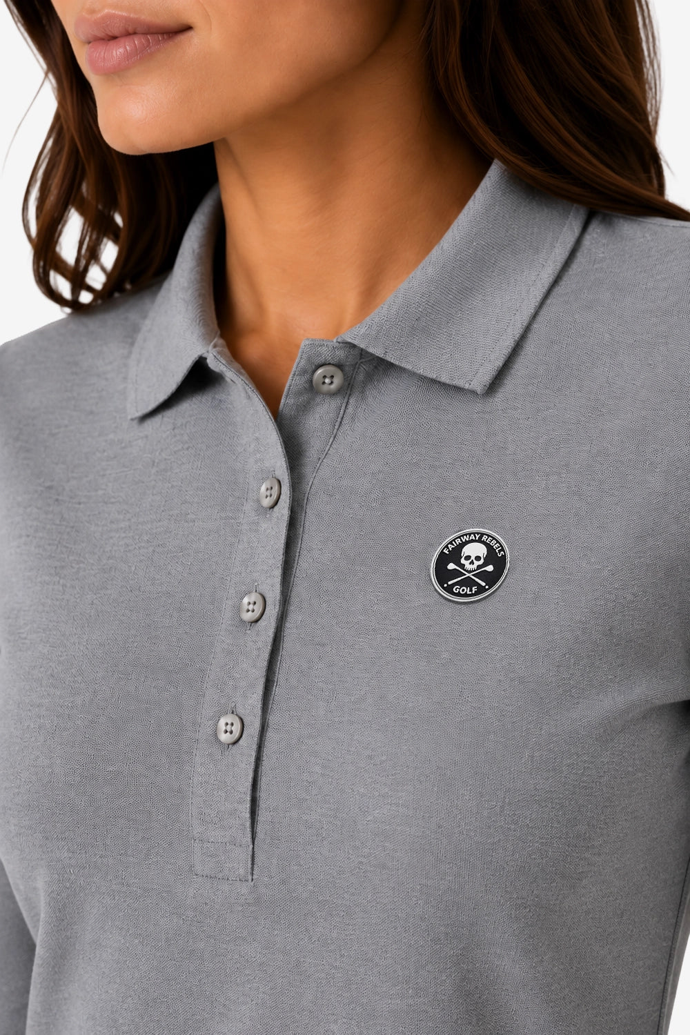 Polo manches longues coton gris, col boutonné et écusson logo poitrine