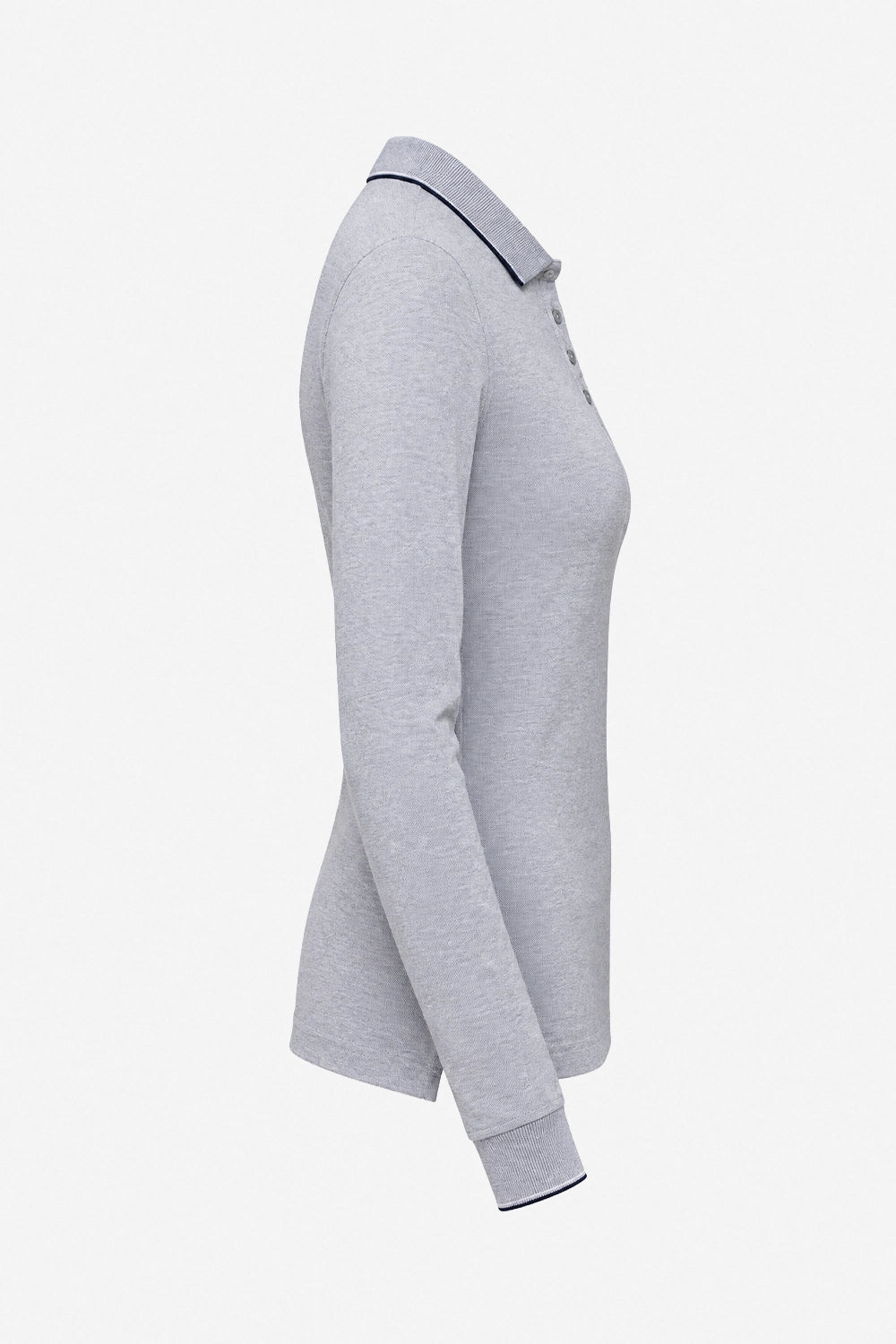 Polo femme manches longues en coton gris chiné, coupe près du corps, manches droites.