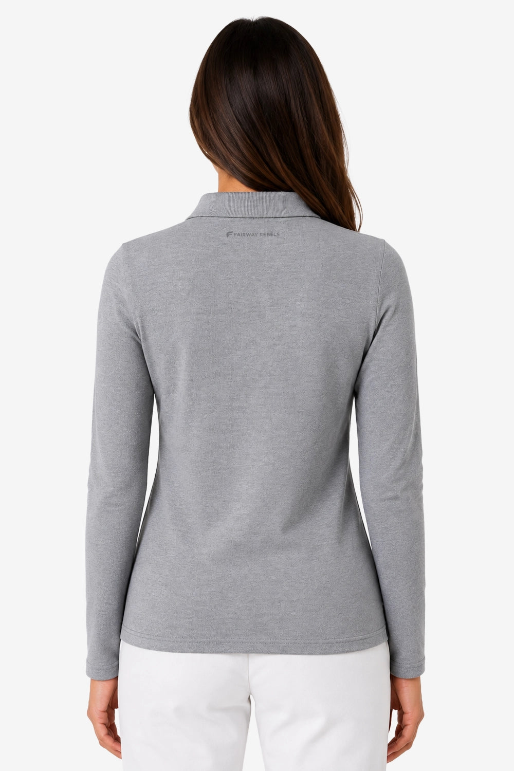 Polo manches longues femme en coton gris, fermeture boutonnée et col polo.