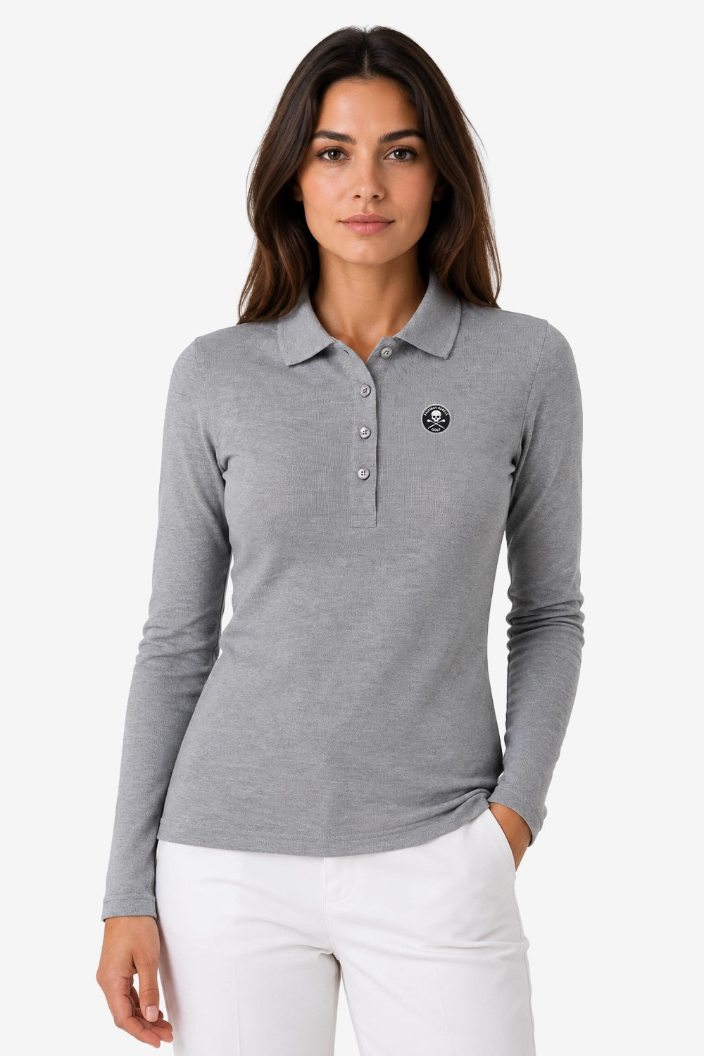 Polo manches longues gris pour femme en coton, col boutonné et écusson poitrine.