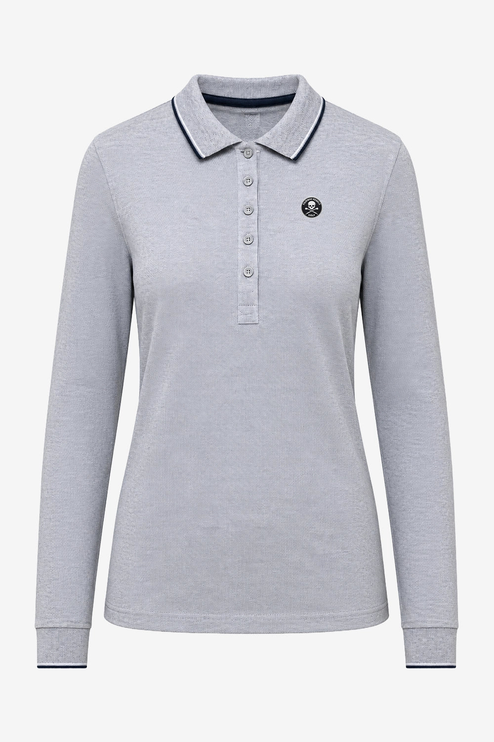 Polo manches longues coton gris clair, col et patte à boutons, liseré rouge.