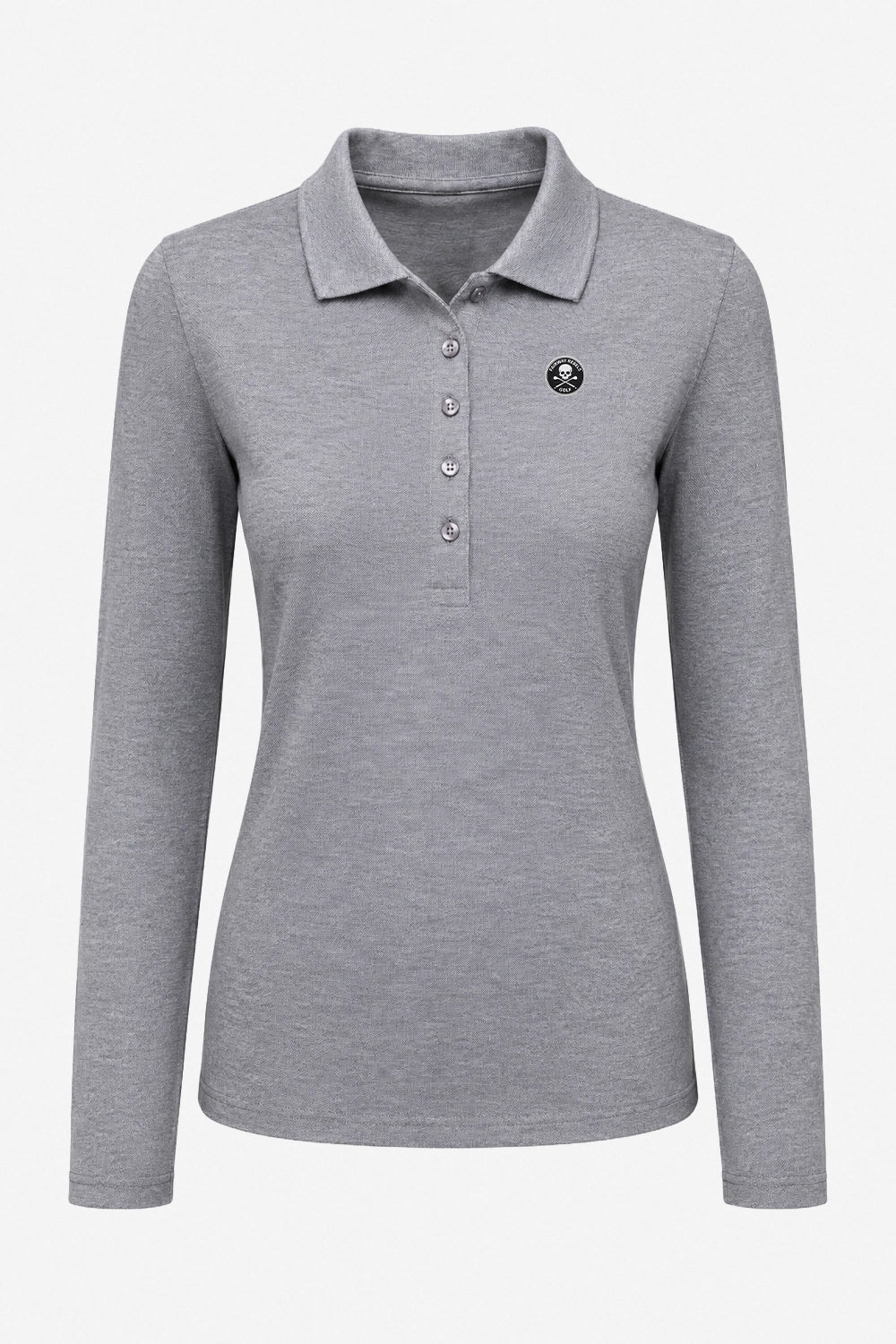 Polo manches longues femme coton gris, col structuré, patte boutonnée et écusson.