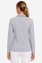 Polo femme manches longues en coton gris chiné, dos avec liseré au col.