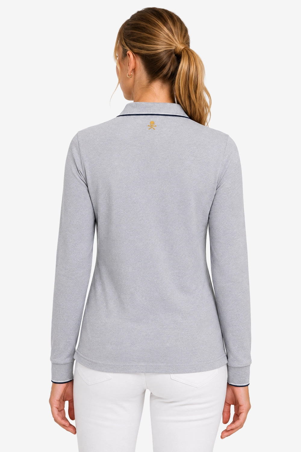 Polo femme manches longues en coton gris chiné, dos avec liseré au col.