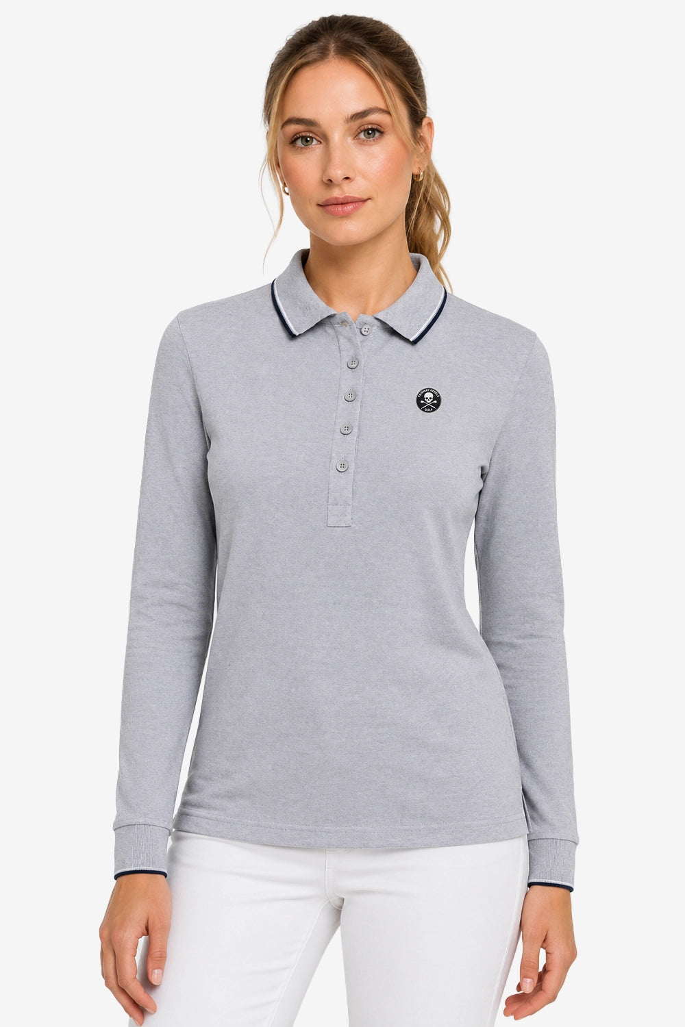 Polo femme manches longues en coton gris chiné, col contrasté et écusson sur la poitrine.