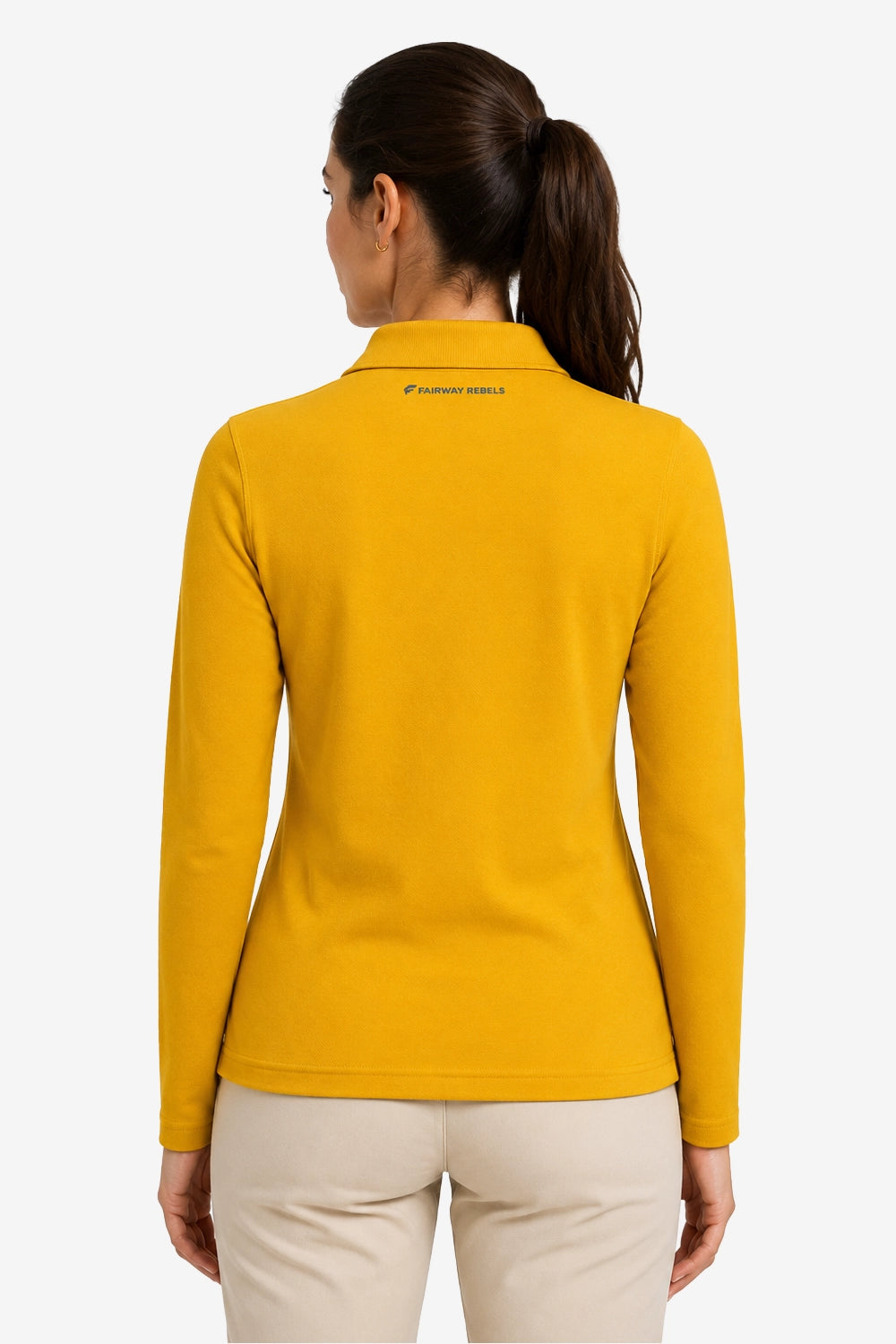 Polo manches longues en coton jaune pour femme, vue dos avec col.