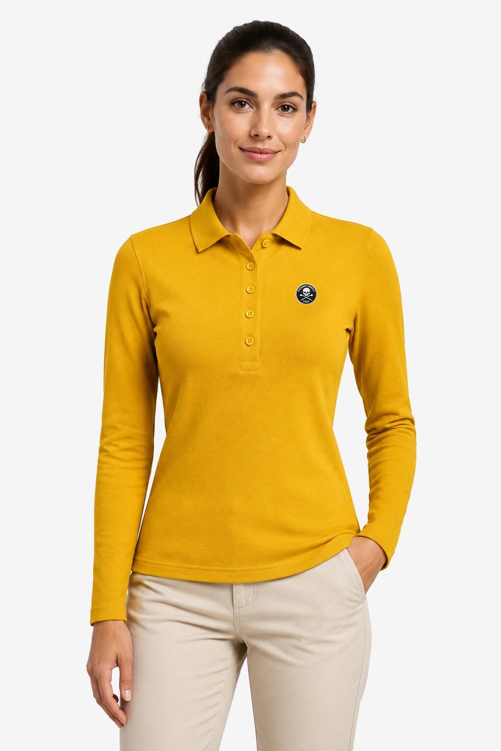Polo manches longues femme coton jaune, col boutonné et écusson poitrine.