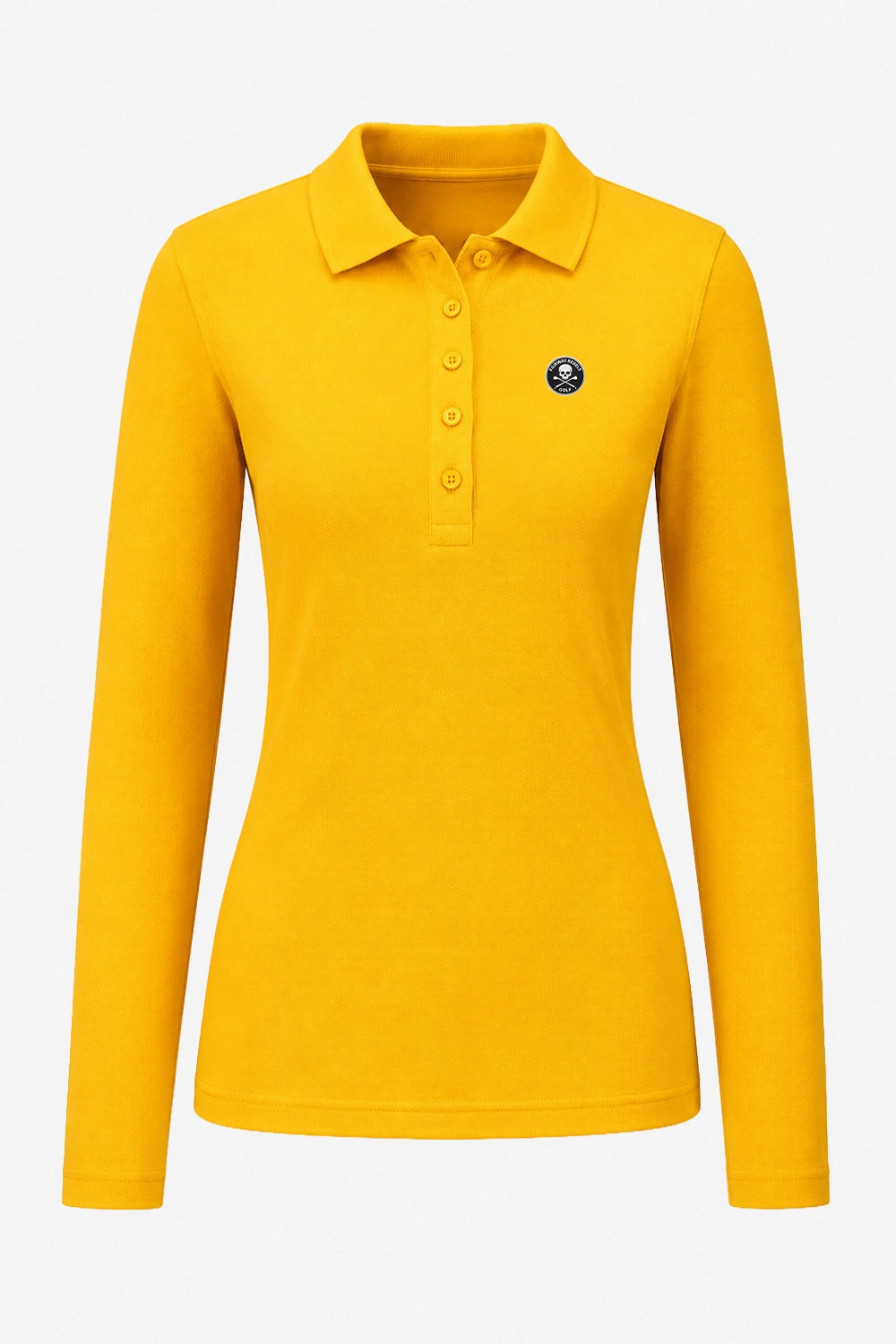 Polo golf femme manches longues en coton jaune, col polo et boutons, logo poitrine