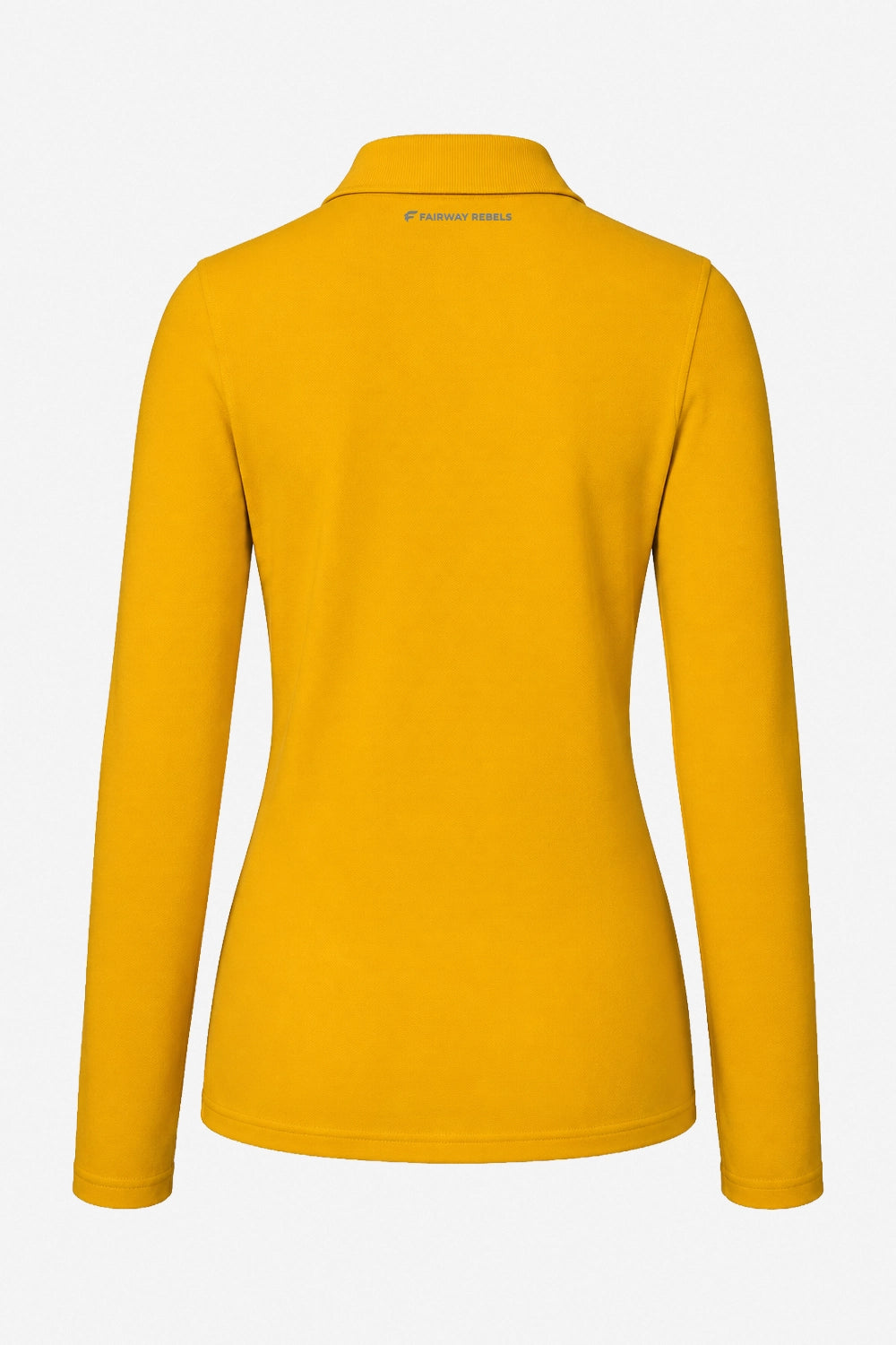 Polo golf femme manches longues en coton jaune, dos avec col et patte boutonnée