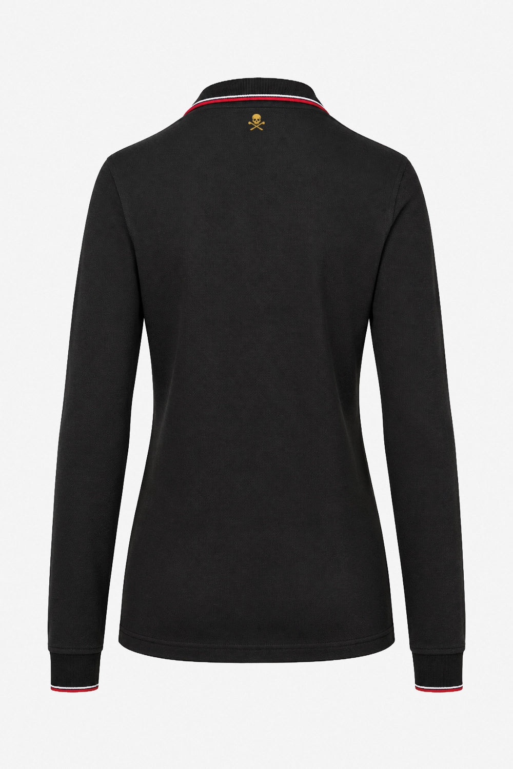 Polo manches longues coton noir, col liseré rouge, patte de boutons, logo poitrine.