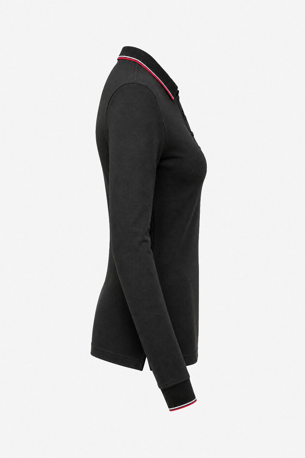 Polo manches longues coton noir femme, coupe près du corps, liseré rouge au col.