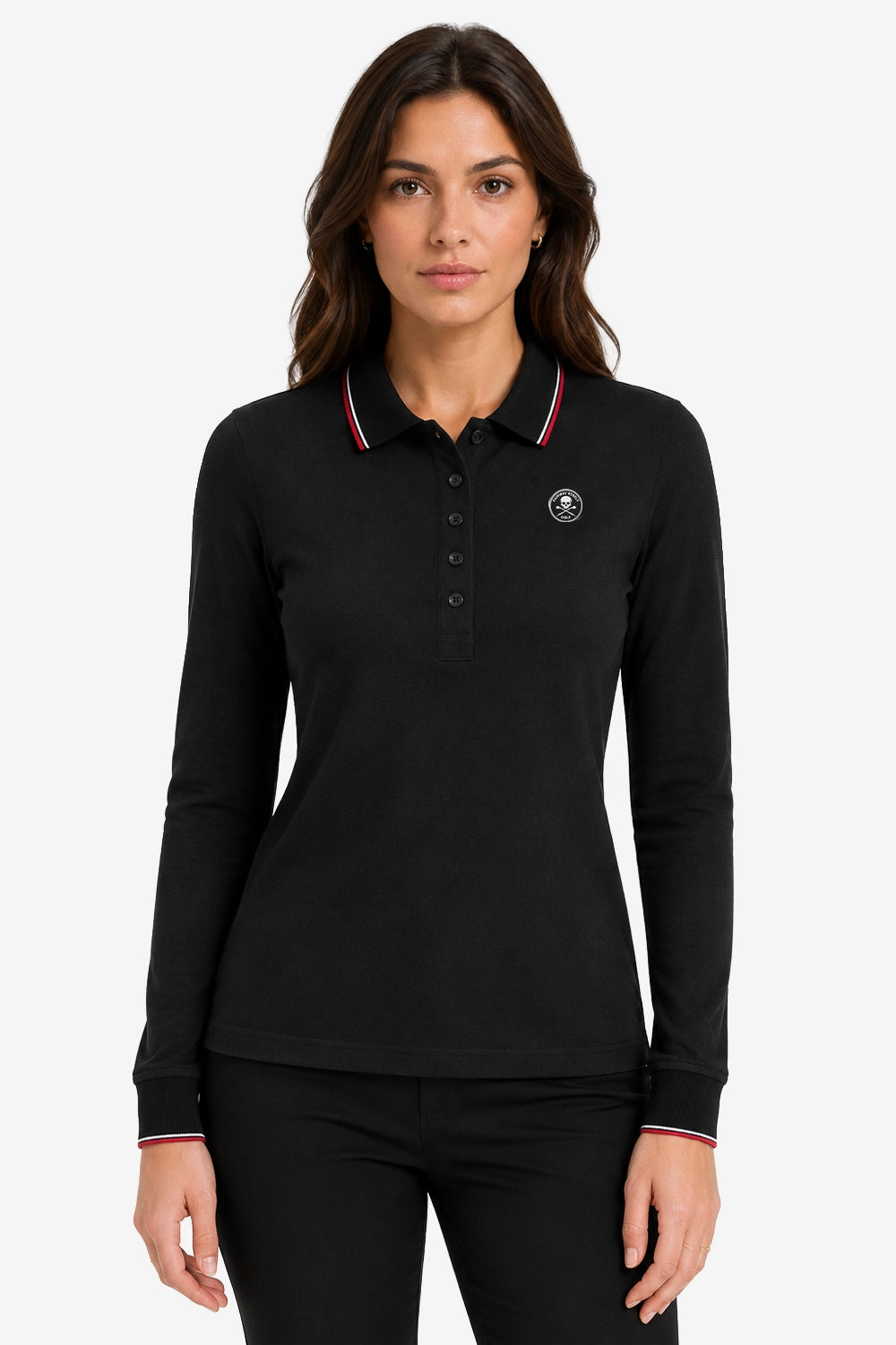 Polo manches longues coton noir pour femme, col liseré rouge, boutons et logo poitrine.