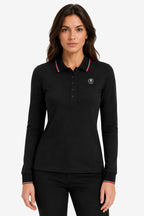 Polo manches longues coton noir pour femme, col liseré rouge, boutons et logo poitrine.