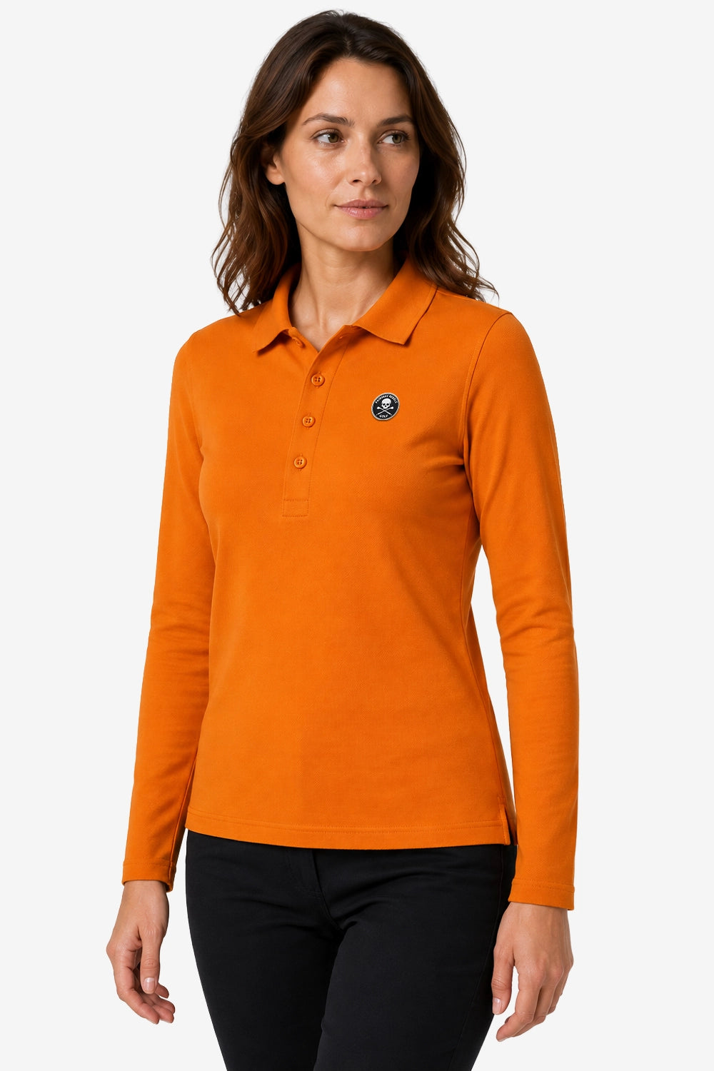 Polo golf femme manches longues en coton orange, col polo, logo poitrine, coupe près du corps
