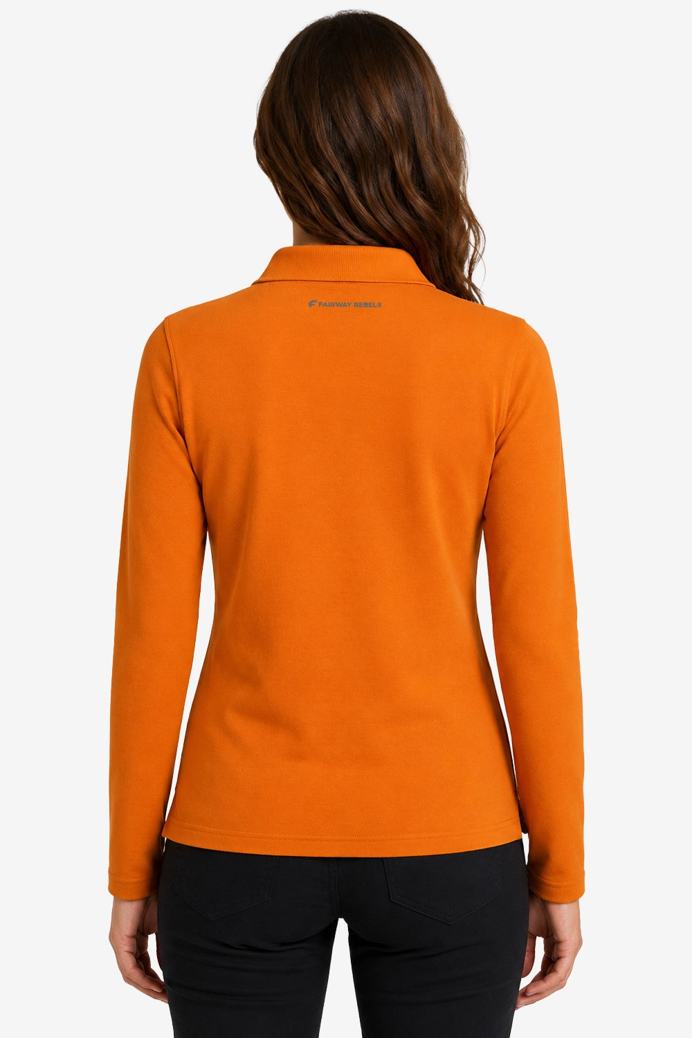 Polo golf femme manches longues en coton orange, dos avec col et étiquette discrète