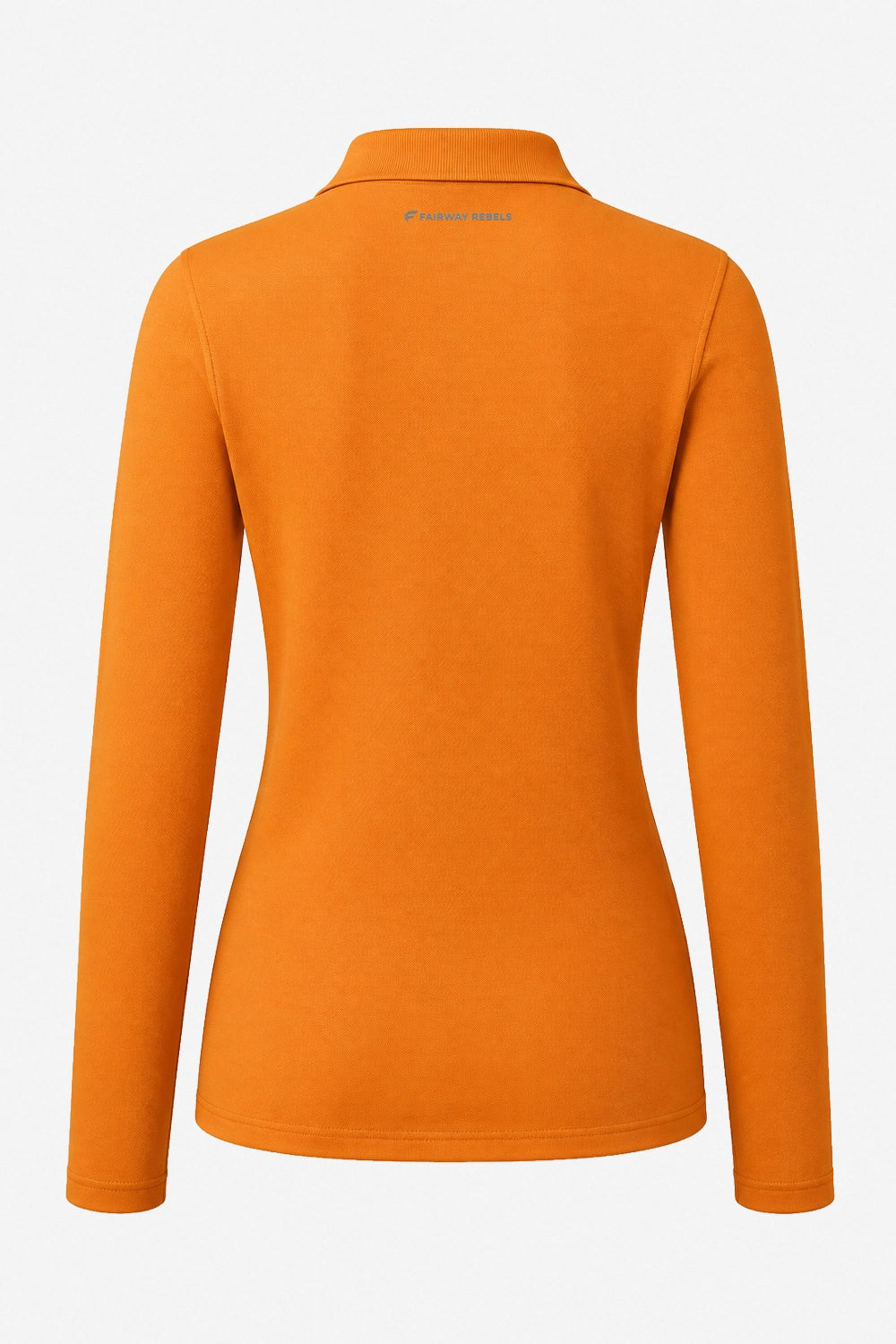 Polo golf femme manches longues en coton orange, dos avec col, coupe ajustée