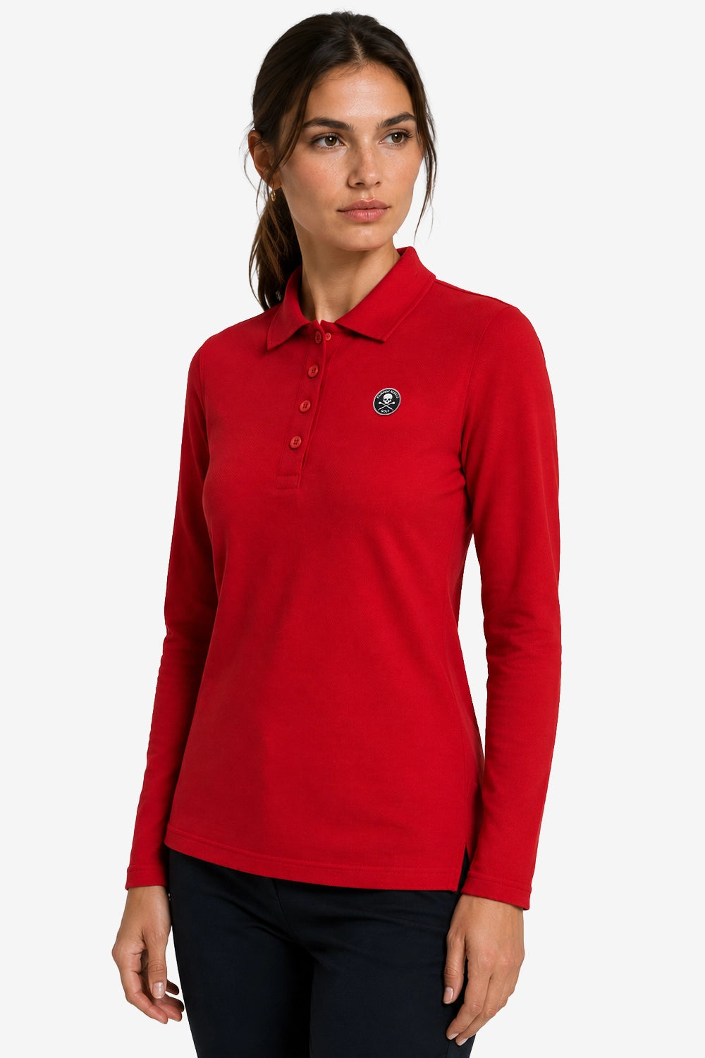 Polo femme manches longues en coton rouge, col boutonné et logo poitrine