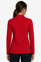 Polo femme coton rouge manches longues, vue dos avec col boutonné