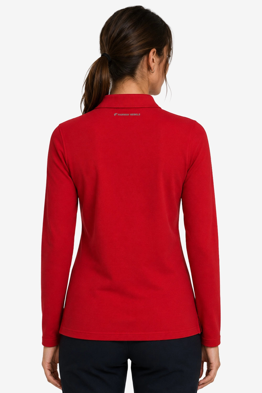 Polo femme coton rouge manches longues, vue dos avec col boutonné