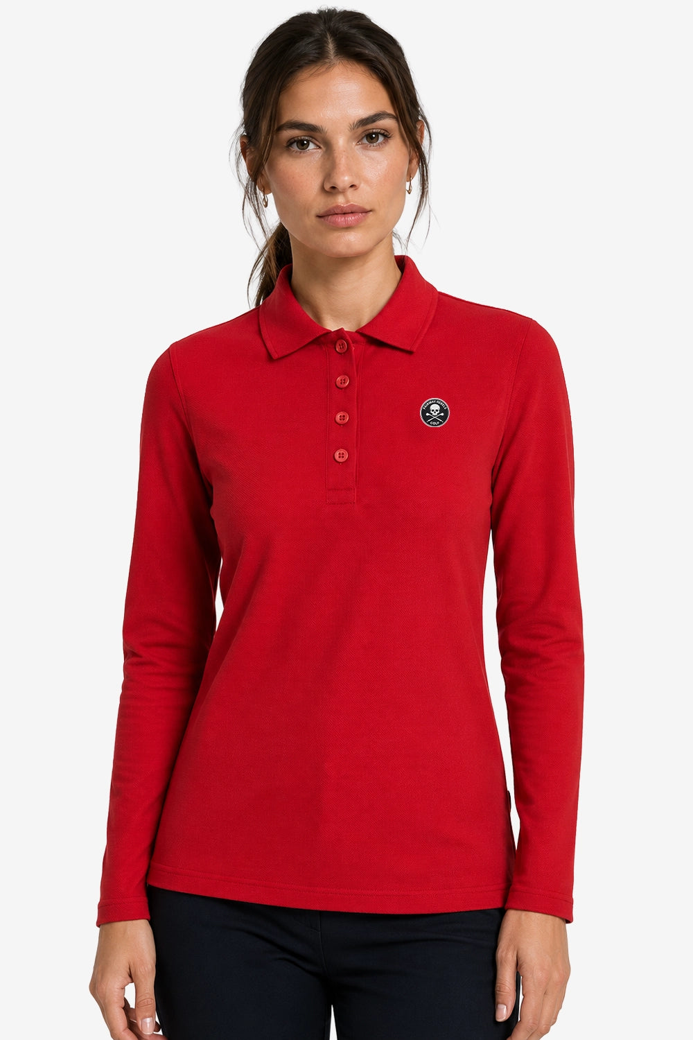 Polo femme coton rouge manches longues, col et boutons, logo sur la poitrine