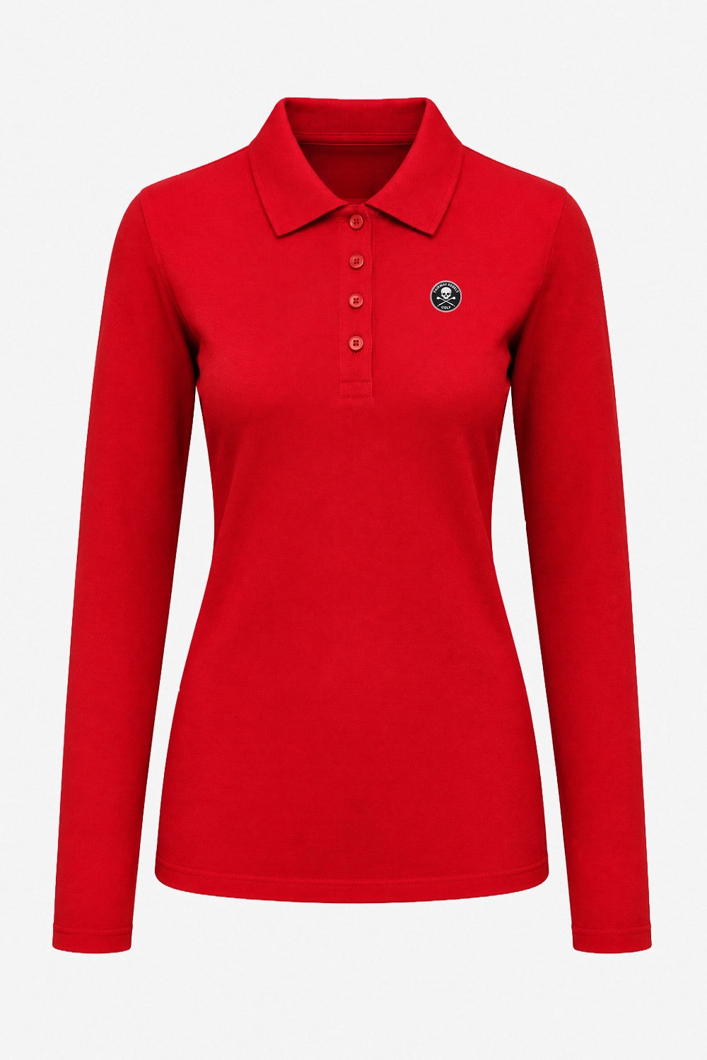 Polo femme coton rouge manches longues, col boutonné, logo poitrine