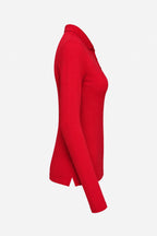 Polo femme coton rouge manches longues, vue de profil, coupe ajustée