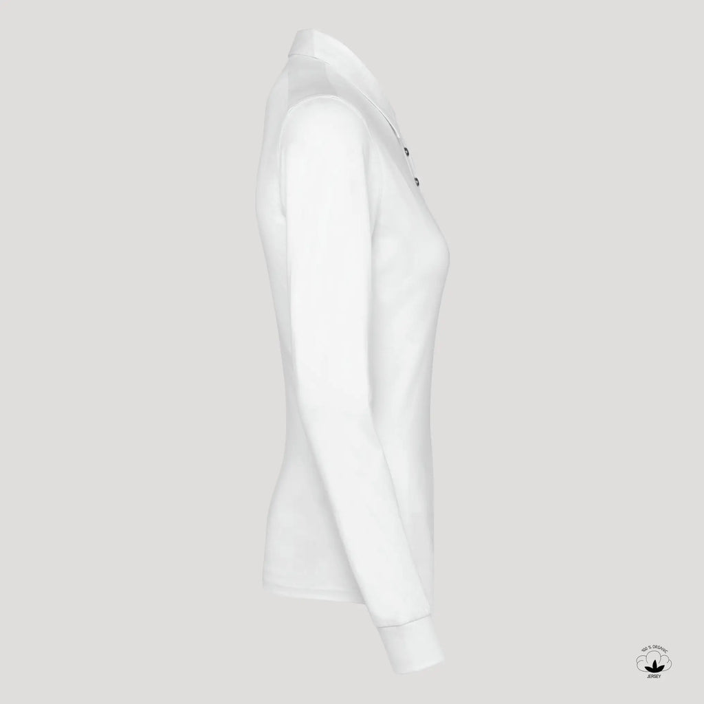 Polo de golf femme blanc à manches longues, vue de côté, col boutonné, coupe ajustée.