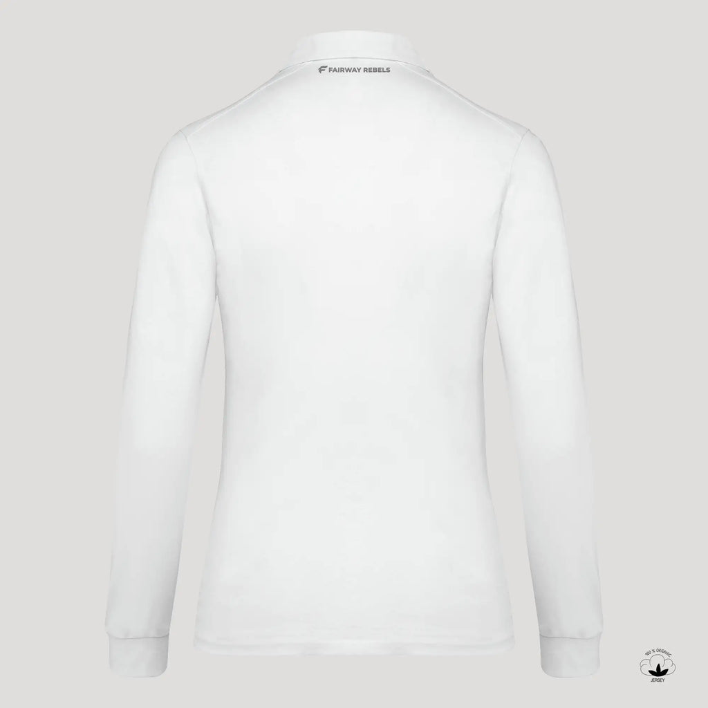 Dos d’un polo de golf femme blanc manches longues, coupe ajustée, tissu technique.