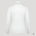 Dos d’un polo de golf femme blanc manches longues, coupe ajustée, tissu technique.