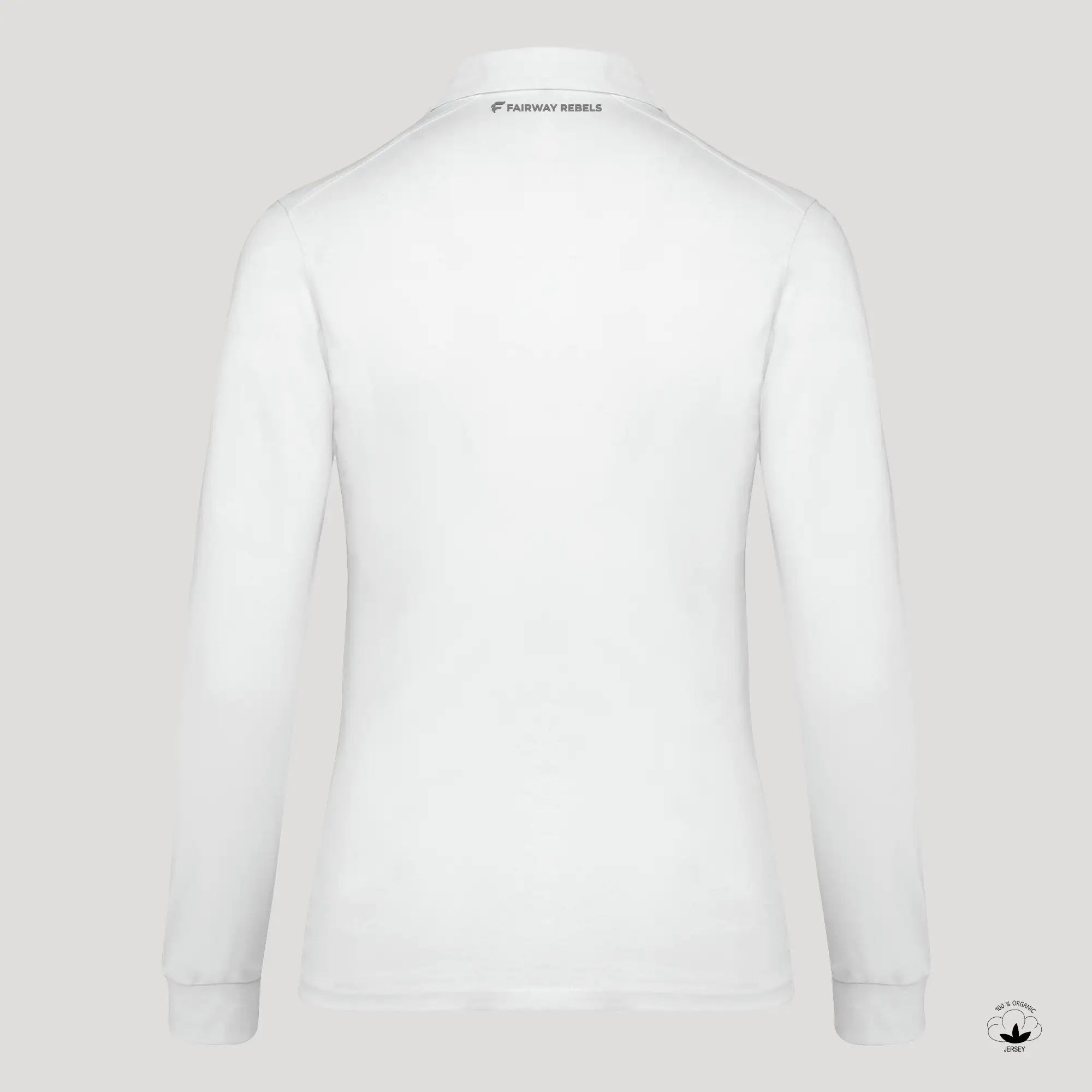 Dos d’un polo de golf femme blanc manches longues, coupe ajustée, tissu technique.