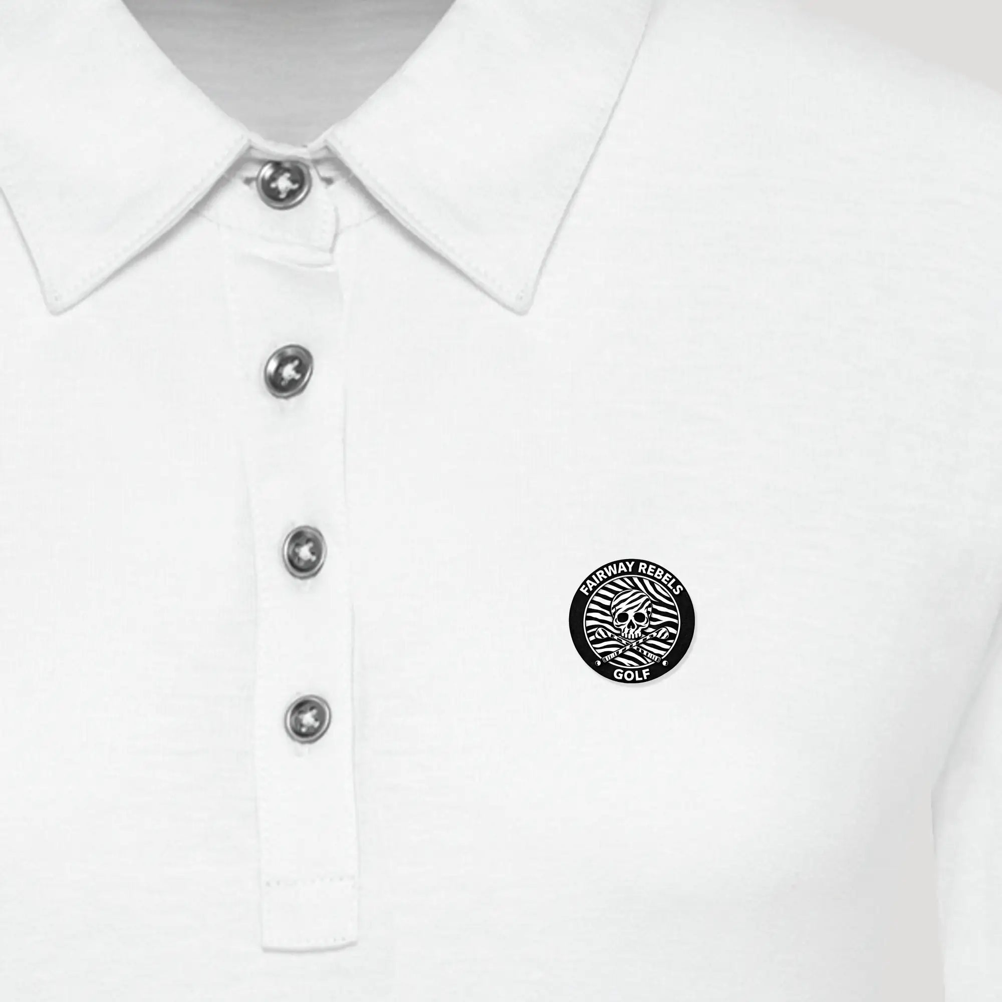 Polo de golf femme blanc à manches longues, col boutonné, logo zèbre noir