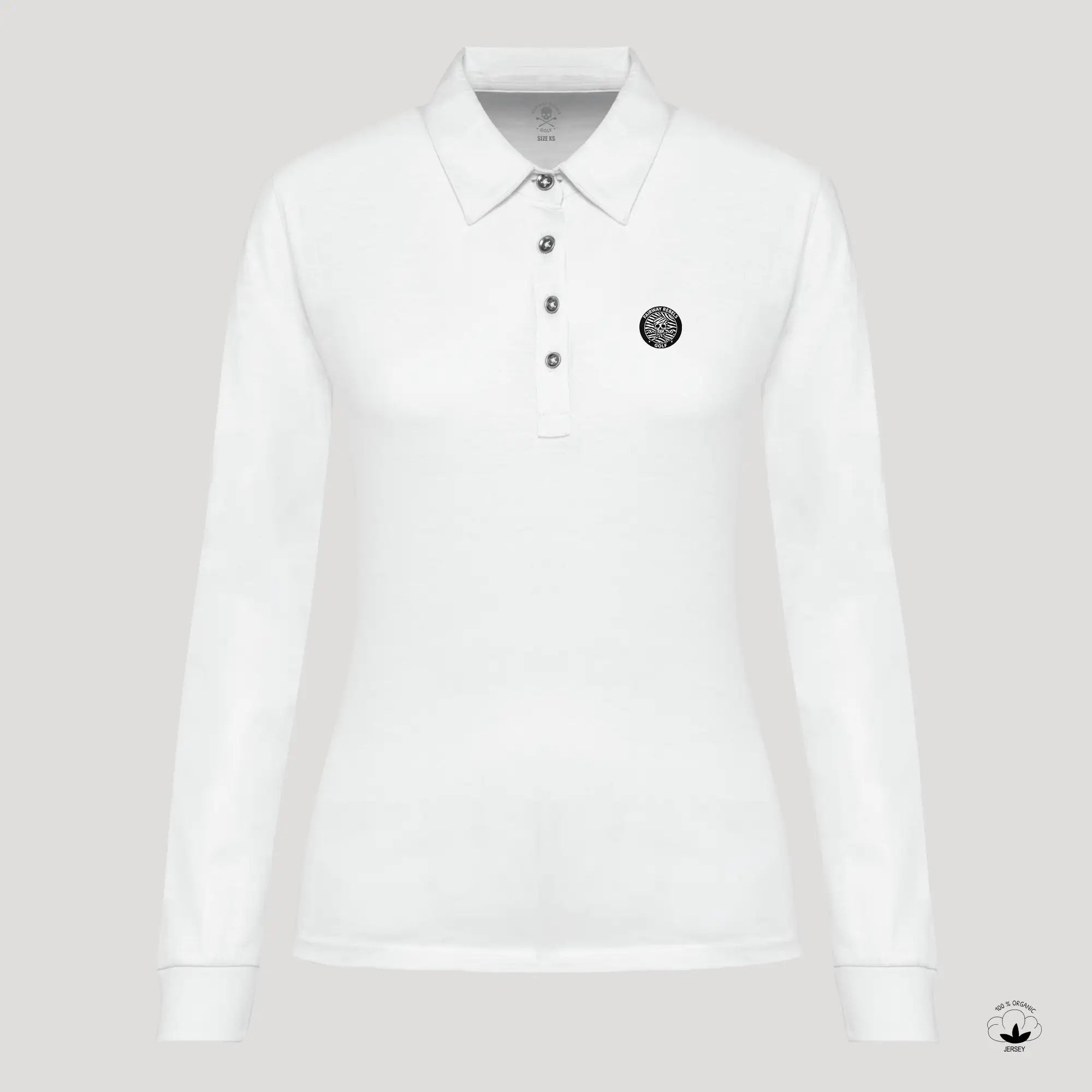 Polo de golf femme blanc à manches longues, col chemise, écusson rond sur la poitrine.
