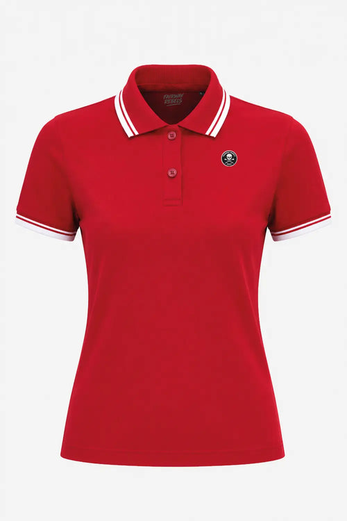 Polo de golf femme en coton contrasté rouge, coupe près du corps, col rayé blanc